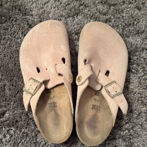 Boston Birkenstock Pink Suede Mules with Buckle
